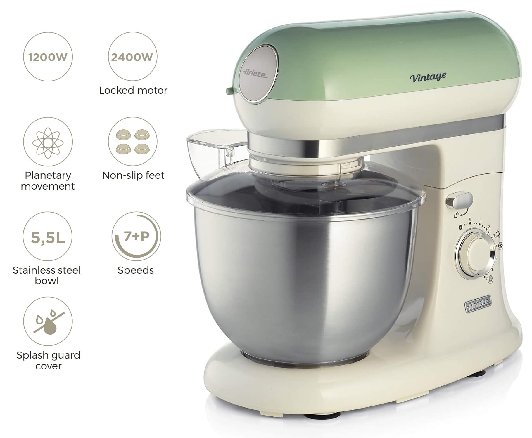 Ariete Vintage Food Processor Stand Mixer, Kitchen Machine with 5.5L Stainless Steel Bowl, 1200W, 7 Speed Ariete Vintage Food Processor Stand Mixer, Kitchen Machine with 5.5L Stainless Steel Bowl, 1200W, 7 Speed